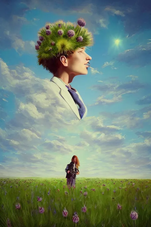 Prompt: portrait, enormous thistle flower head, a girl in a suit in field of flowers, surreal photography, sunrise, blue sky, dramatic light, impressionist painting, digital painting, artstation, simon stalenhag