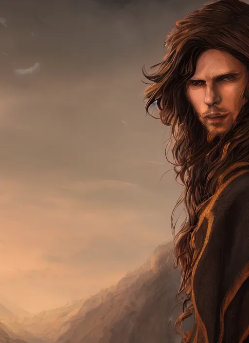 Prompt: An epic fantasy comic book style portrait painting of a young man with a long brown hair, a cloak waving in the wind in front of an epic fantasy landscape, unreal 5, DAZ, hyperrealistic, octane render, cosplay, RPG portrait, dynamic lighting