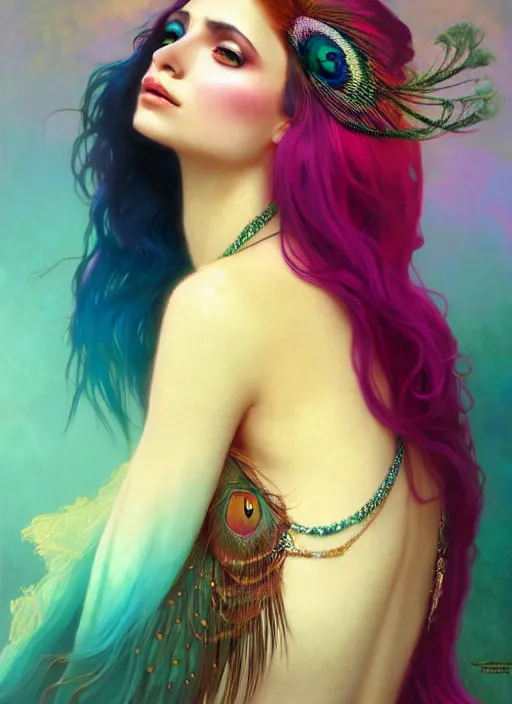Prompt: ombre velvet gown, peacock colors, feathers, lovely bohemian princess, portrait, long hair, tiara, dozens of jeweled necklaces, feral languid woman, by greg rutkowski, brom, anato finnstark, alphonse mucha