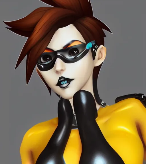 Image similar to tracer from overwatch, wearing black lipstick and black eyeliner, goth outfit, black hair, 4 k, detailed face, smirky expression, detailed face, focus on eyes, blur,