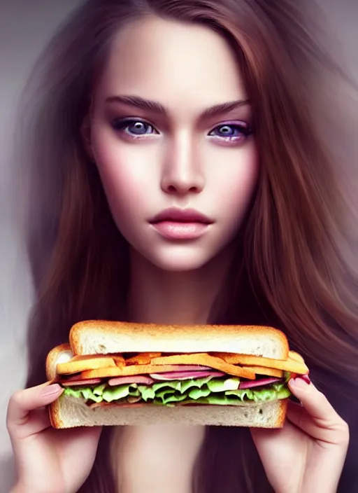 Prompt: a gorgeous female photo, professionally retouched, soft lighting, holding a subway sandwich, realistic, smooth face, perfect eyes, wide angle, sharp focus on eyes, 8 k high definition, insanely detailed, intricate, elegant, art by artgerm and wlop