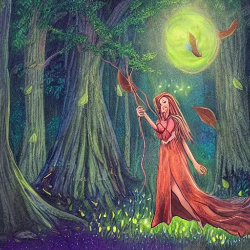 Prompt: female druid casting spells in an enchanted forest, fireflies, moonlight. fantasy art.