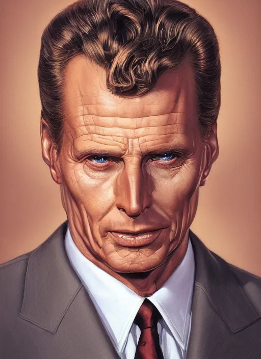 Image similar to portrait of Robert Stack from Unsolved Mysteries, highly detailed, centered, solid color background, digital painting, artstation, concept art, smooth, sharp focus, illustration, Jason Edmiston, donato giancola, Joseph Christian Leyendecker, Les Edwards, Ed Repka, WLOP, Artgerm