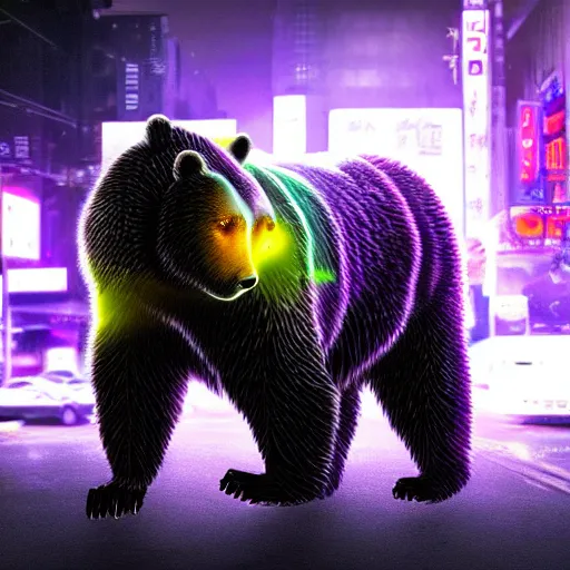 Prompt: cyborg grizzly bear with part of head replaced with metal and eye replaced with bright purple light on the streets of neo tokyo, 4k award winning render, realistic, neon, dark, gritty