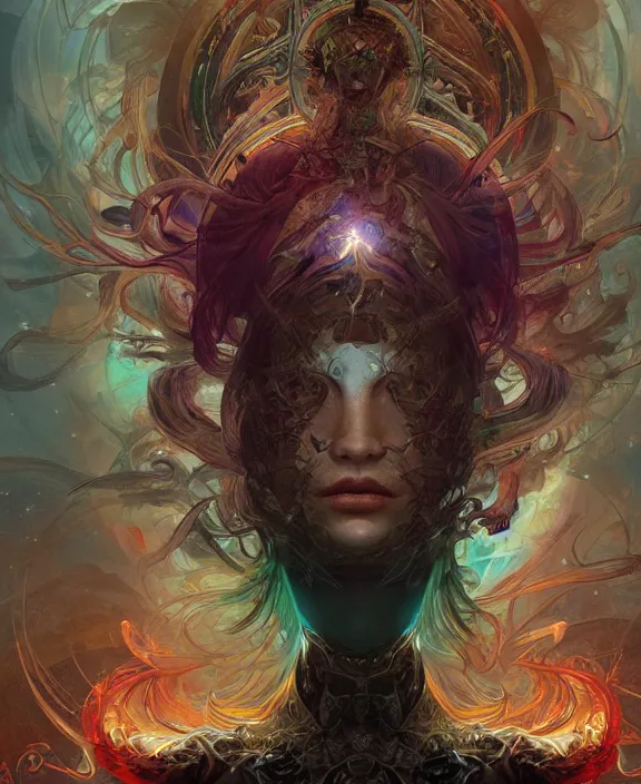 Image similar to a whirlwind of souls rushing inside the metaverse, half body, glowin eyes, insect, lizard, d & d, fantasy, intricate, elegant, highly detailed, colorful, vivid color, digital painting, artstation, concept art, art by artgerm and greg rutkowski and alphonse mucha and ruan jia