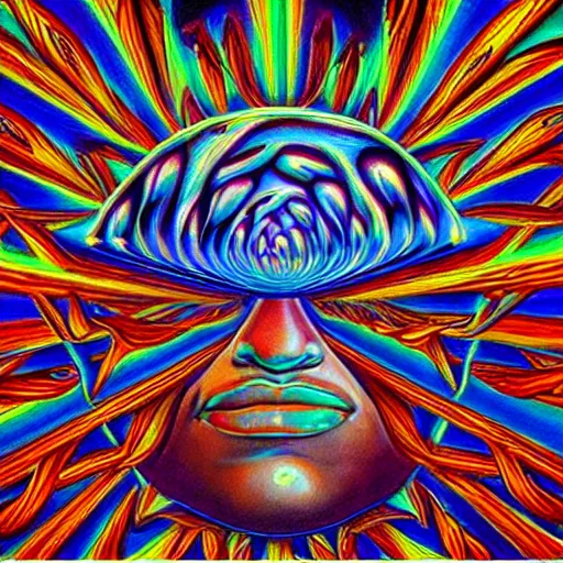 Prompt: tripping on psychedelic mushrooms in vegas, by Alex Grey, highly detailed painting
