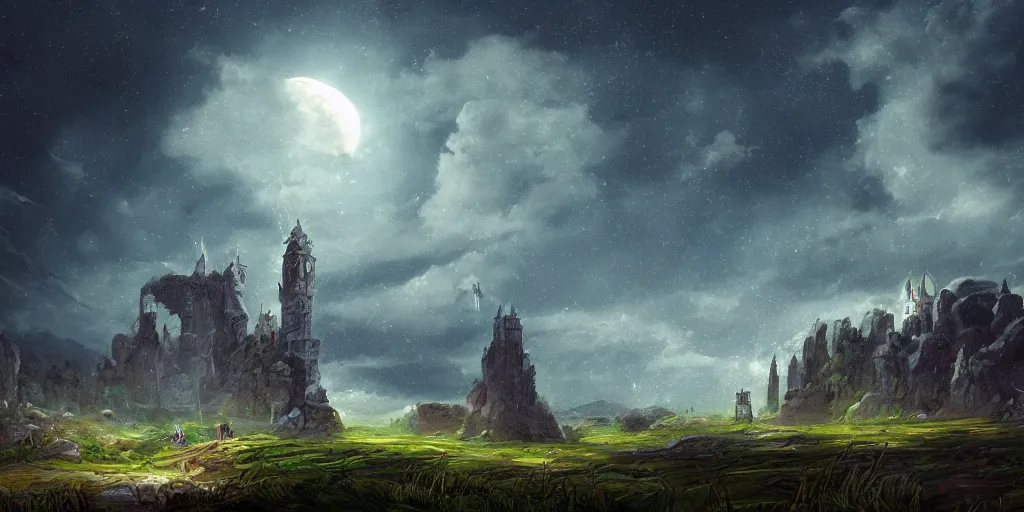 Prompt: The great intricate marble wizards tower, painted landscape, green fields in the background, moody lighting, moon in the night sky, sharp image, 4k, artstation, colorful digital art