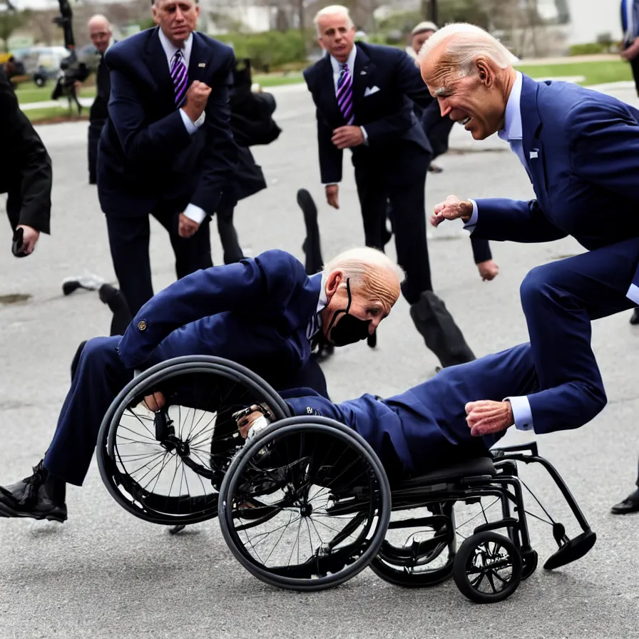 Image similar to joe biden falling off his wheelchair faceplanting on the ground, award winning photo