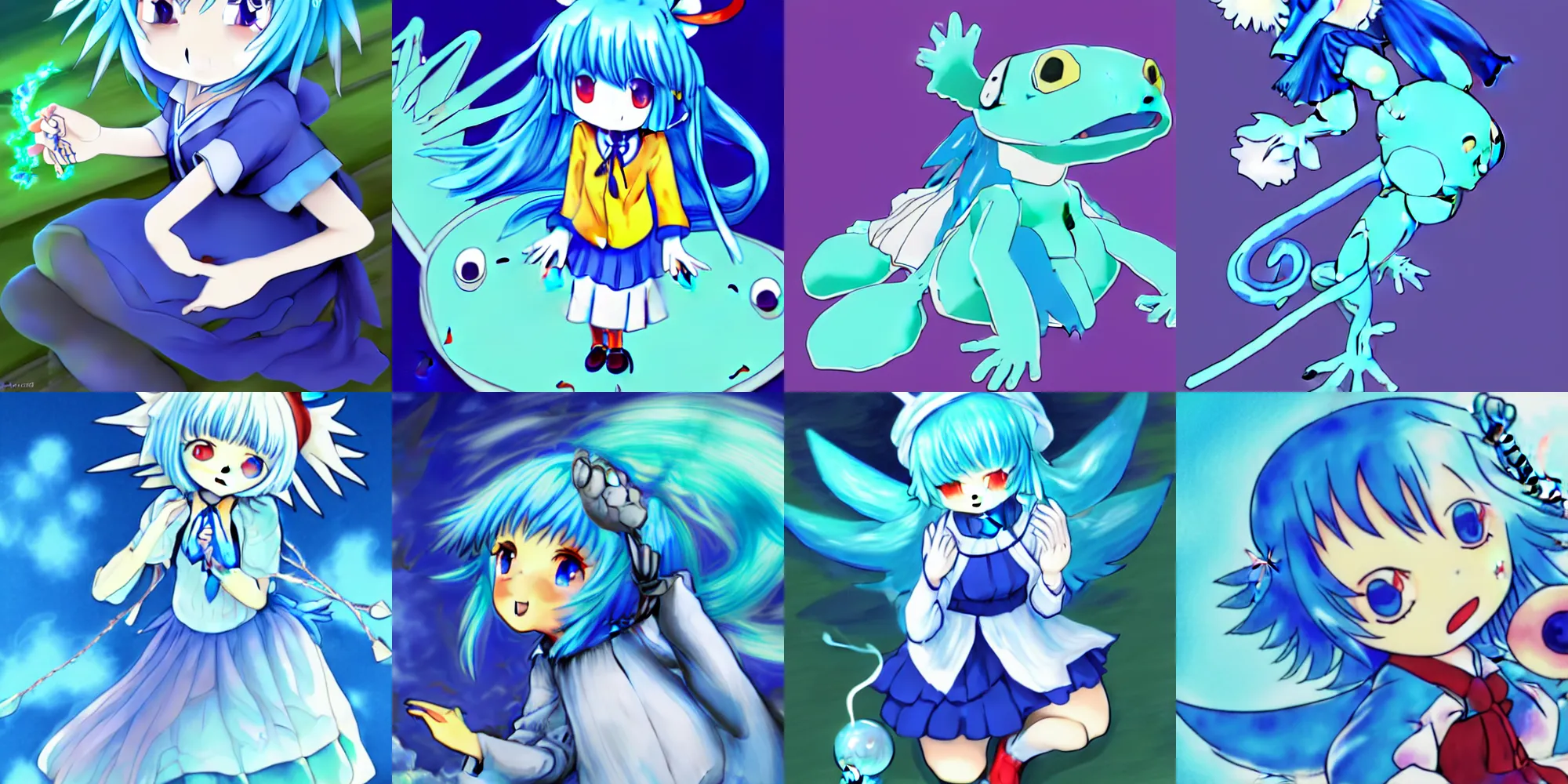 Prompt: Cirno from touhou illustration, blue hair, blue eyes, trending on pixiv, riding a giant frog