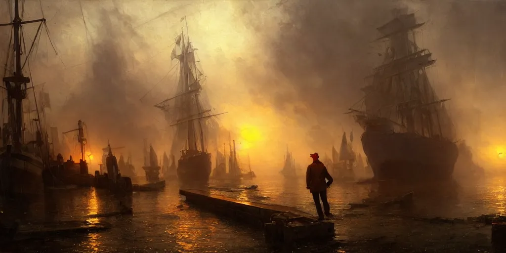 Image similar to a seaport in 1 9 4 0 with red light on, sunny day, a men stand up next to the edge, mystical orange fog, oil on canvas, art by andreas achenbach, clemens ascher, tom bagshaw and sabbas apterus,