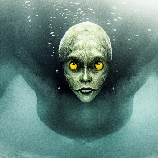 Image similar to sea monster about to eat pov underwater, visceral, unholy abomination, half submerged below eyes, pale skin, dark yellowish water, foggy water, dark, dramatic,'silent hill ', big eyes, alluring and terrifying, cinematic