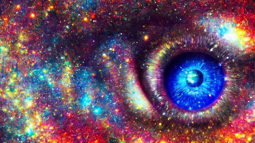 Prompt: a hyper - detailed render of a human eye, the iris of the eye is made of beautiful colorful galaxies, vibrant nebulae, macro photography, space, 4 k, soft lighting, trending on artstation,