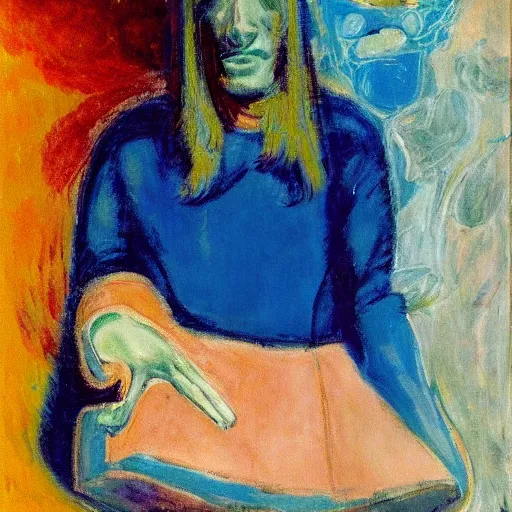 Image similar to A performance art. A rip in spacetime. Did this device in her hand open a portal to another dimension or reality?! warm blue by Leon Kossoff