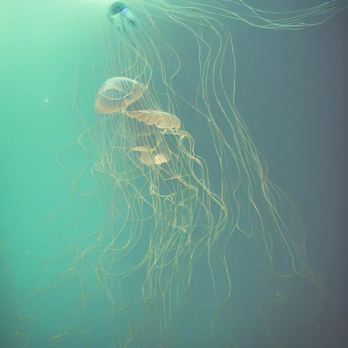 Image similar to luminescent, deep ocean ribbon jellyfish, 3 5 mm photograph