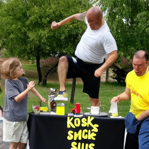 Image similar to a man roundhouse kicks a lemonade stand