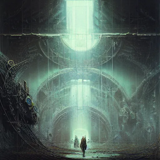 Prompt: lost and alone in a vast future sci - fi cyberpunk megastructure by gustave dore and gustave moreau and beksinski and giger and craig mullins and jeremy mann