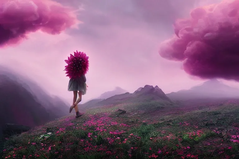 Image similar to giant dahlia flower on face, girl walking on mountain, surreal photography, pink storm clouds, dramatic light, impressionist painting, digital painting, artstation, simon stalenhag