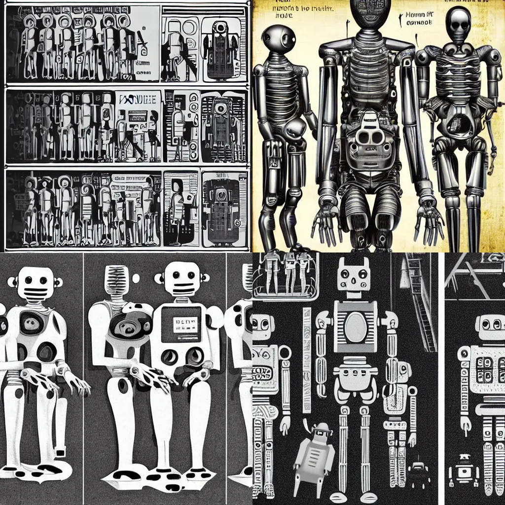 Prompt: Obsolescence of the human being: humans and robots compared, by phlegm