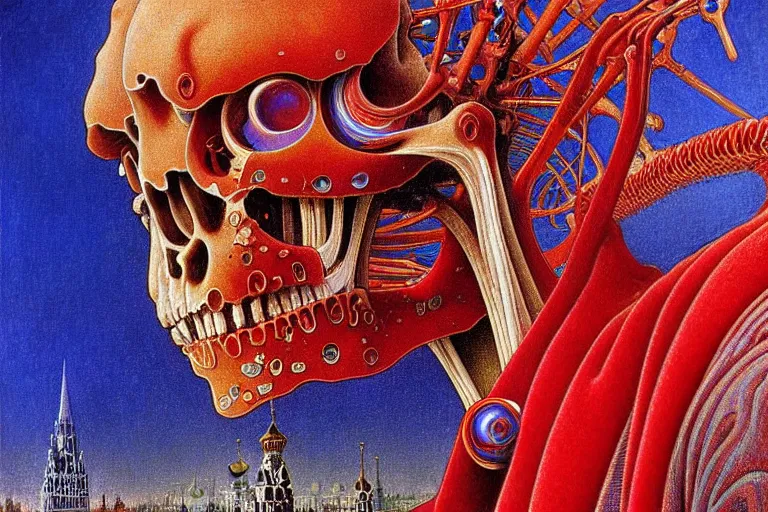 Image similar to realistic detailed closeup portrait painting of a single skeleton wearing red velvet blazer in a crowded futuristic moscow street by Jean Delville, Amano, Yves Tanguy, Alphonse Mucha, Ernst Haeckel, Edward Robert Hughes, Roger Dean, rich moody colours, blue eyes