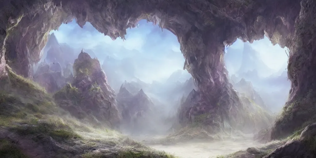 Image similar to beautiful matte painting of a fantasy cave entrance