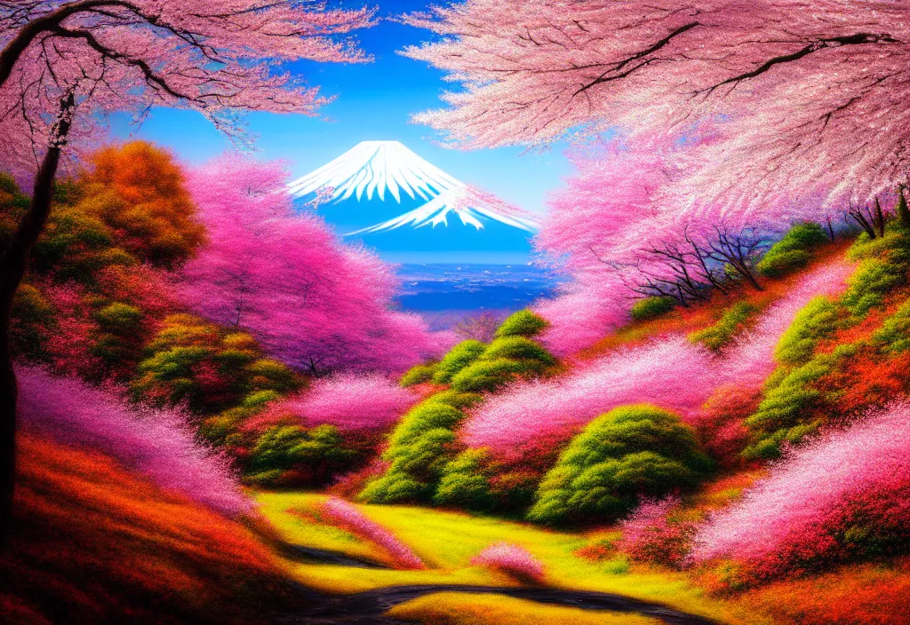 Prompt: a real photographic landscape painting with incomparable reality, wide angle, in forest, flowers, cherry blossom tree in full bloom, bright style, mount fuji, clearing, magnificent, artstation