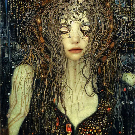 Image similar to cybernetic vampire sleeping in circuits, intricate detail, klimt, royo, whealan,