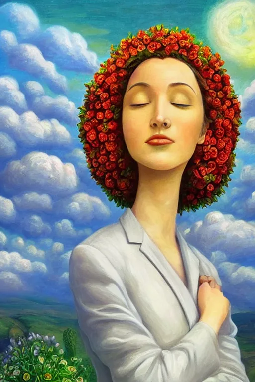 Prompt: closeup, giant flower head, woman in suit, clouds in sky, surreal, impressionist painting, digital painting, artstation, rob gonsalves