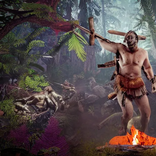 Image similar to spartan high on peyote at jungle campfire below full moon in the style of far cry primal, 8 k