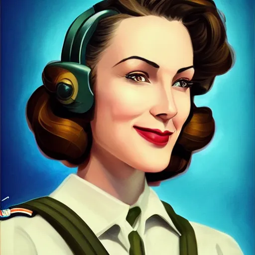 Image similar to smiling, happy, beautiful, intelligent, powerful, female ww 2 pilot, 2 9 years old, loving eyes, fully clothed, wise, beautiful, dramatic lighting, sharp focus, by stanley artgerm, dramatic lighting, trending on artstation, flat colour, geometric curves, gradient filter, art deco patterns