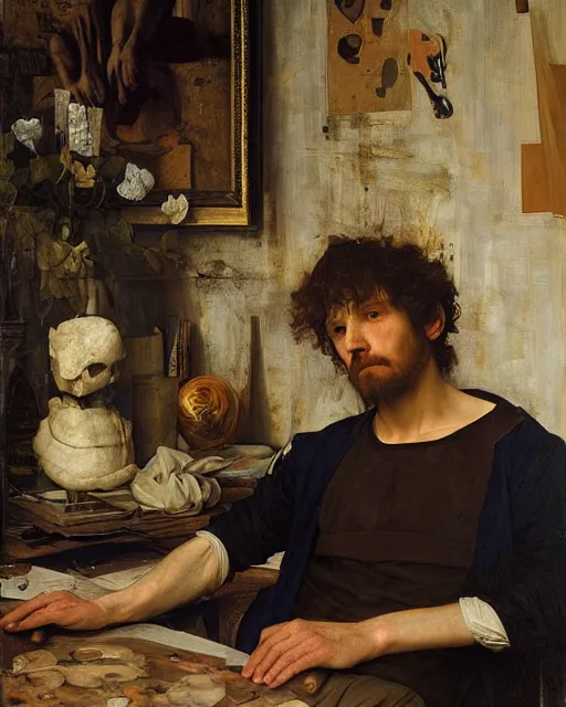 Image similar to an exhausted painter in his studio by edgar maxence and caravaggio and michael whelan, intricate painting, hyper realistic, extremely detailed and beautiful aesthetic face, 8 k resolution