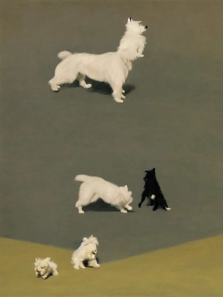 Prompt: a single gray german spitz fights a single white west highland terrier, by edward hopper