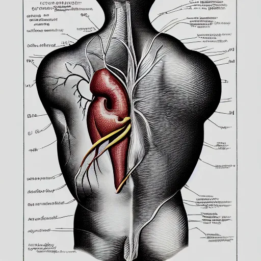 Prompt: detailed and elaborate anatomical diagram of a man's body with complicated and pipes wiring connecting the head and the heart