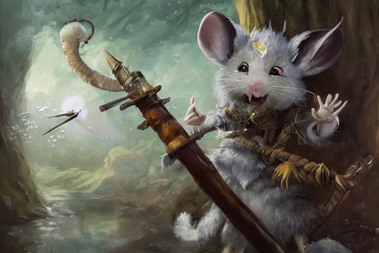 Prompt: dungeons and dragons fantasy painting, portrait of an ahigaru mouse with a matchlock, tanegashima, whimsical and cute, determined expression, watery eyes, anime inspired by krenz cushart, light grey fur, tufty whiskers, feathered arrows, bamboo forest, dawn lighting, by brian froud jessica rossier and greg rutkowski