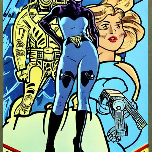 Prompt: a stoic heroic butch blonde emotionless woman, with very short slicked - back hair. she is dressed as an atompunk space hero. well composed, clean elegant painting, beautiful detailed face. comic book art by steve ditko and jack kirby and ( alphonse mucha )