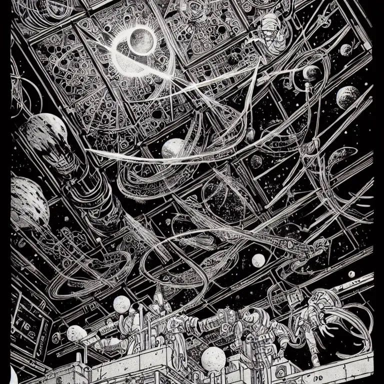 Image similar to ancient alchemist wizards laboratory, ceiling open to outerspace, high details, intricate clean line art, by vincent di fate, inking, 3 color screen print, masterpiece, trending on artstation, sharp, high contrast, hyper - detailed, hd, 4 k, 8 k