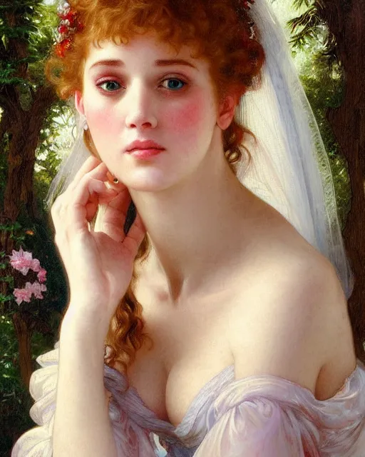 Prompt: realistic oil painting of young 1 8 - year old christina hendricks wearing an iridescent wedding dress covered in pearls, highly detailed, intricate,, elegant, digital painting, smooth, sharp focus, illustration, ultra realistic, 8 k, by bouguereau, alphonse mucha, artgerm, and donato giancola