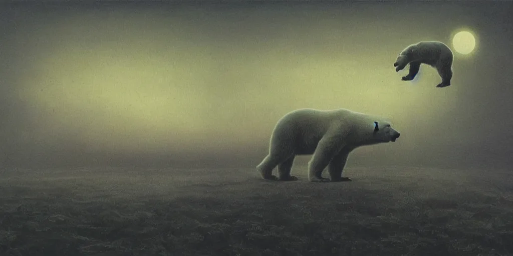 Prompt: Polar bear floating in the night sky over a warmly lit farm town , size difference, Zdzislaw Beksinski, Wayne Barlowe, (H.R giger), gothic, biomorphic, amazing details, dystopian, surrealism, cold hue's, warm tone gradient background