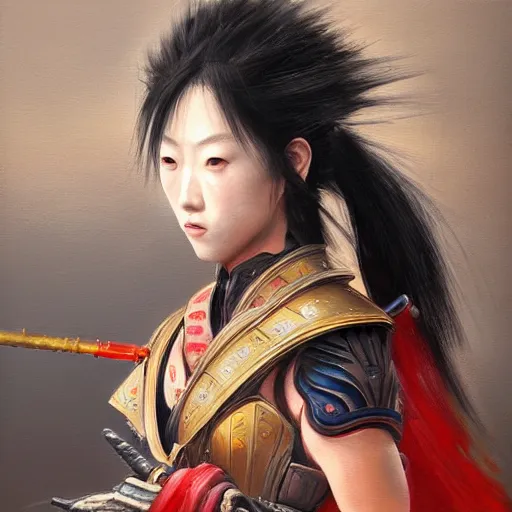 Prompt: japanese warrior woman, expressive oil painting, digital art, trending on artstation, battle, by Yoshitaka Amano