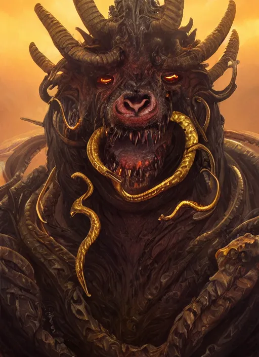 Prompt: hellish demon with gold fangs and twisted horns, close up, goat eyes and snake scales, hairy beast, sinister portrait, highly detailed, digital painting, artstation, concept art, matte, sharp focus, illustration, dramatic, cinematic sunset, hearthstone, art by artgerm and greg rutkowski and alphonse mucha