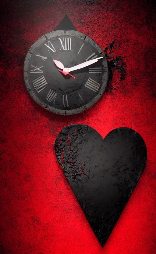 Image similar to a melting Roman numeral clock, behind a red and black gradient background, awith a black heart shaped on the top left corner and a black diamond card shape in the bottom right corner, dynamic lighting, photorealistic fantasy concept art, trending on art station, stunning visuals, cinematic, creative, ultra detailed