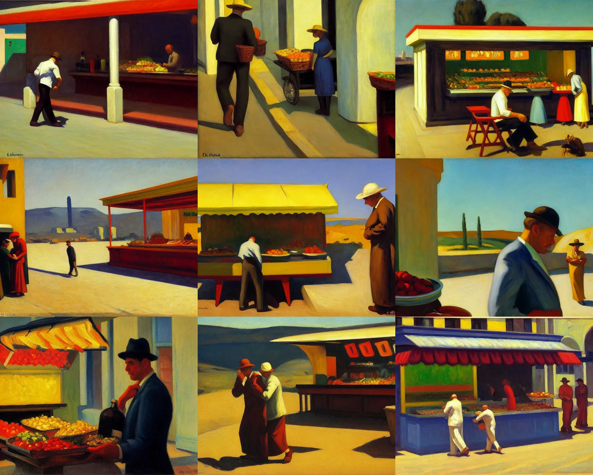 Prompt: dunning through israel, salsa vendor, oil on canvas by edward hopper