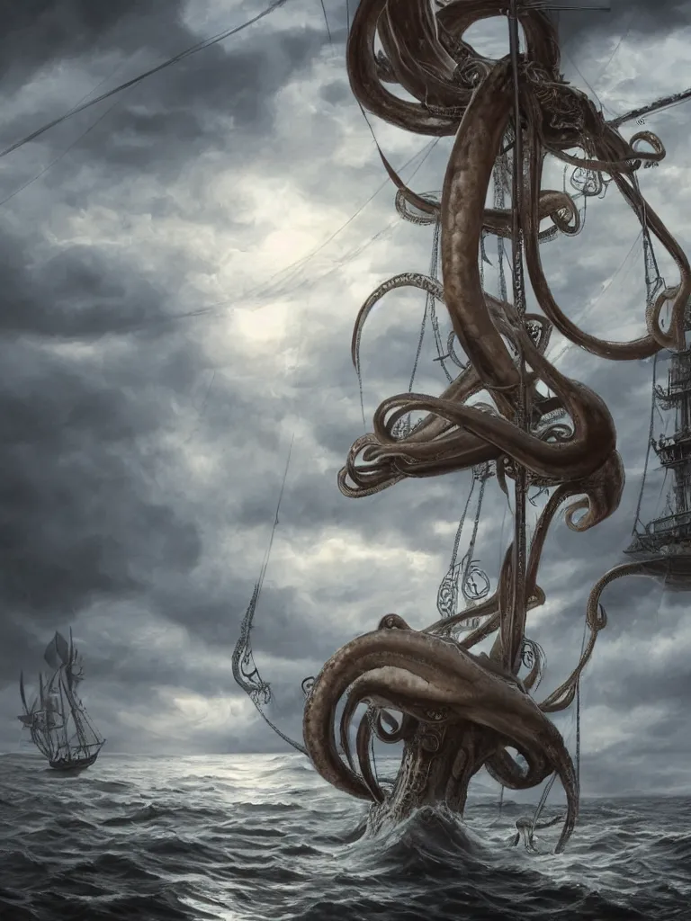 Image similar to a hyperrealist photography of a giant kraken squid with tentacles pulling down an ancient wooden schooner sea vessel with big sails, dramatic lighting, sun through clouds, cinematic, highly detailed, sharp focus, intricate concept art, digital painting, ambient lighting, 4 k, artstation