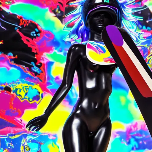 Prompt: : extremely beautiful photo of a black marble statue of an anime girl with colorful skateboard logos and helmet with closed visor, colorful hyperbolic background, fine art, neon genesis evangelion, virgil abloh, offwhite, denoise, highly detailed, 8 k, hyperreal
