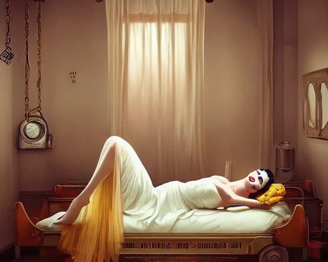 Image similar to phtorealistic modern pin up of the bride of frankenstein posing in a bed in the room of a sanatarium, full body, campy color scheme, realistic, center, smooth, golden ratio, detailed, aly fell, daniela uhlig