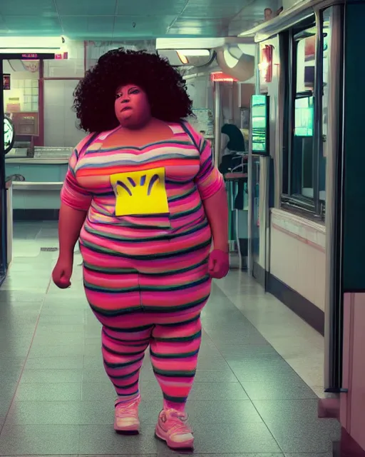 Prompt: film still of obese 3 0 0 - pound zendaya at mcdonald's, vibrant high contrast, octane, arney freytag, cinematic, portrait, backlit, rim lighting, 8 k