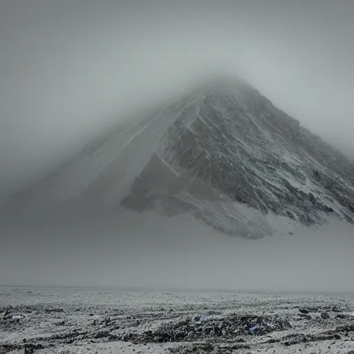 Image similar to a large mountain in the artic with a large eldritch monster peeking its head from around the mountain. grainy, snowing, overcast sky, slight fog.