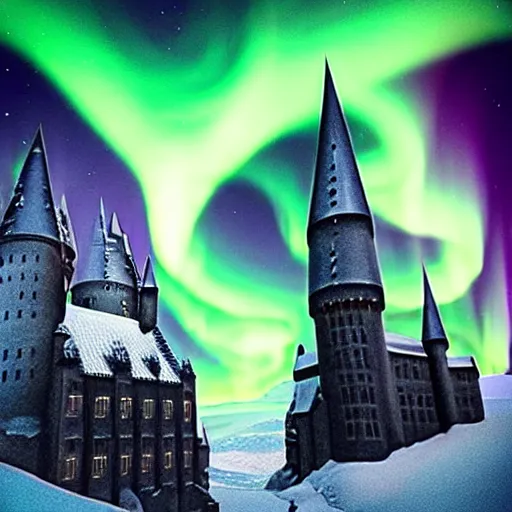 Prompt: “Hogwarts School of Witchcraft and Wizardry with the norther lights in the background. 4k, 8k, unreal 5, very detailed, hyper control-realism,.”