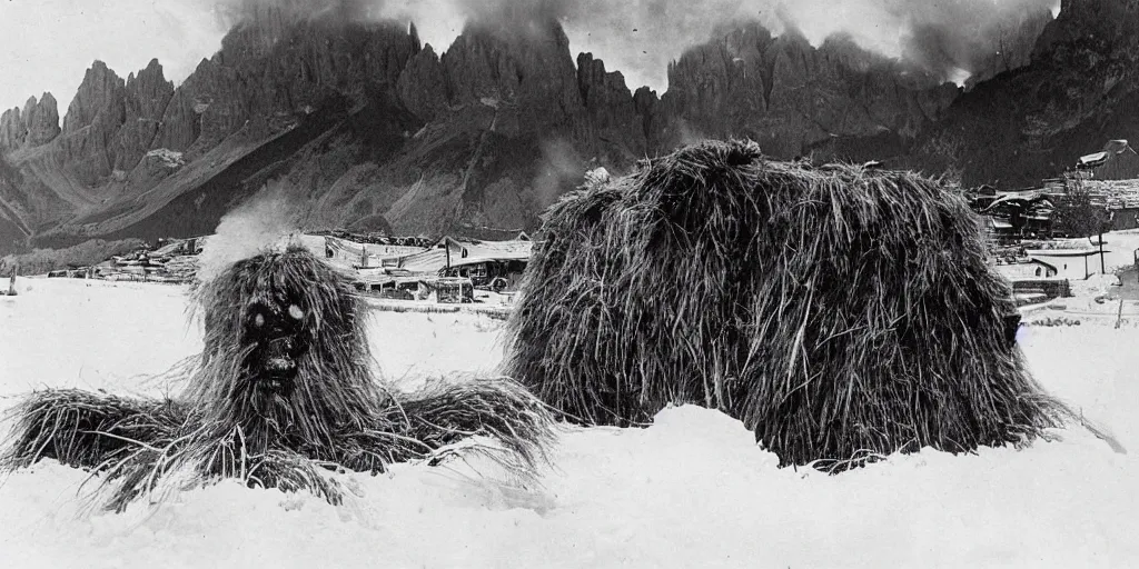 Image similar to 1 9 2 0 s photography of krampus hay monster burning on a pyre, submerged in snow, alpine huts and dolomites in background