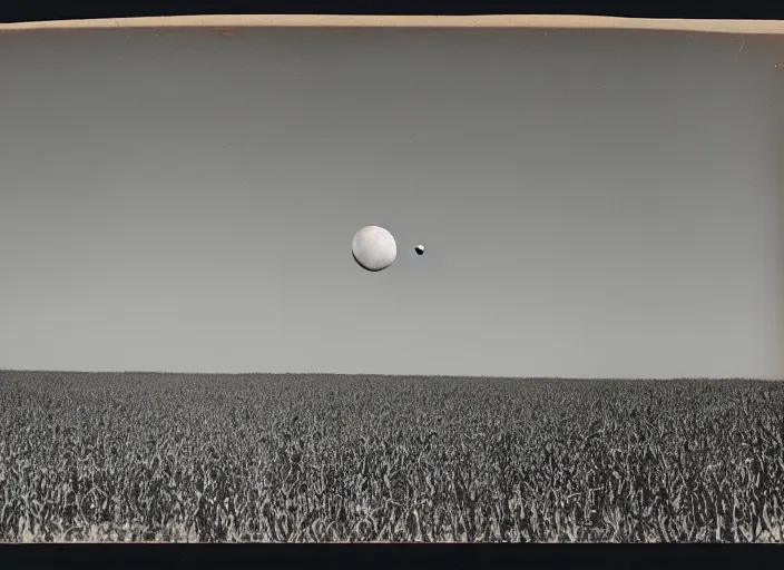 Image similar to Flying saucer landing in corn field with two moons in the sky, albumen silver print film grain photography 8mm by Timothy H. O'Sullivan