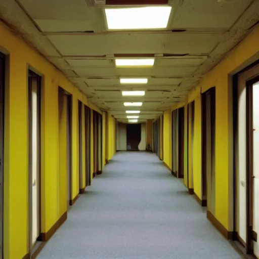 Image similar to 1 9 9 0 s vhs tape still, interior of an empty office building, long corridor with empty rooms, old faded yellow wallpaper, carpet, fluorescent light, suspended ceiling, creepy